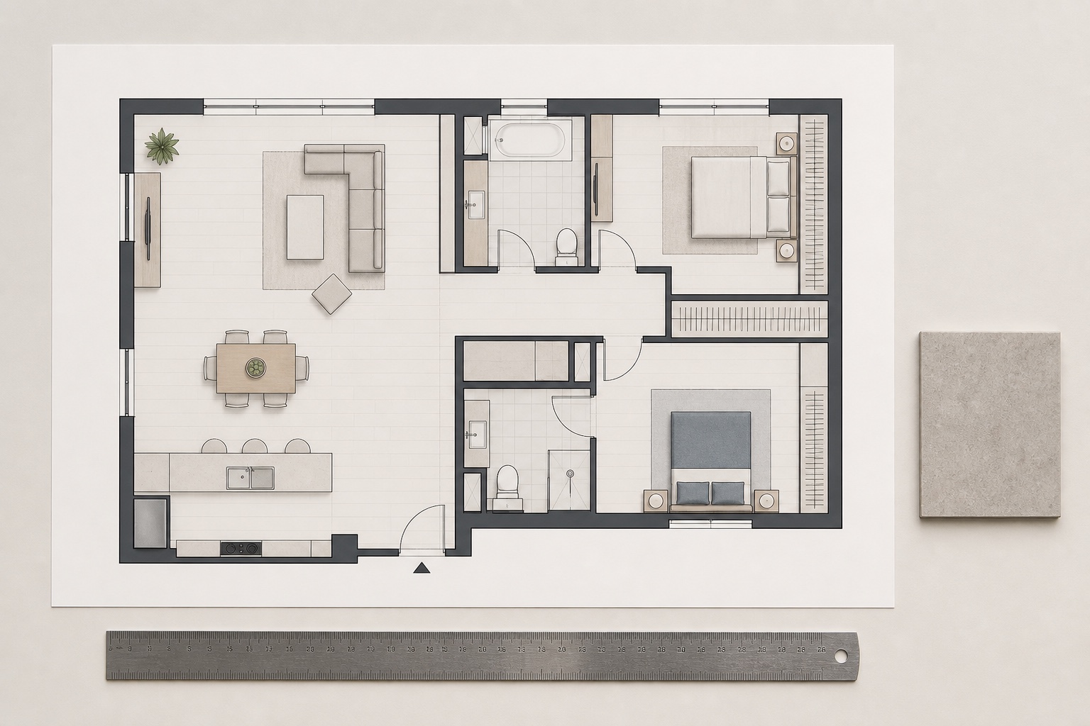 Architectural workspace sample prepared for distance and polygon area measurement
